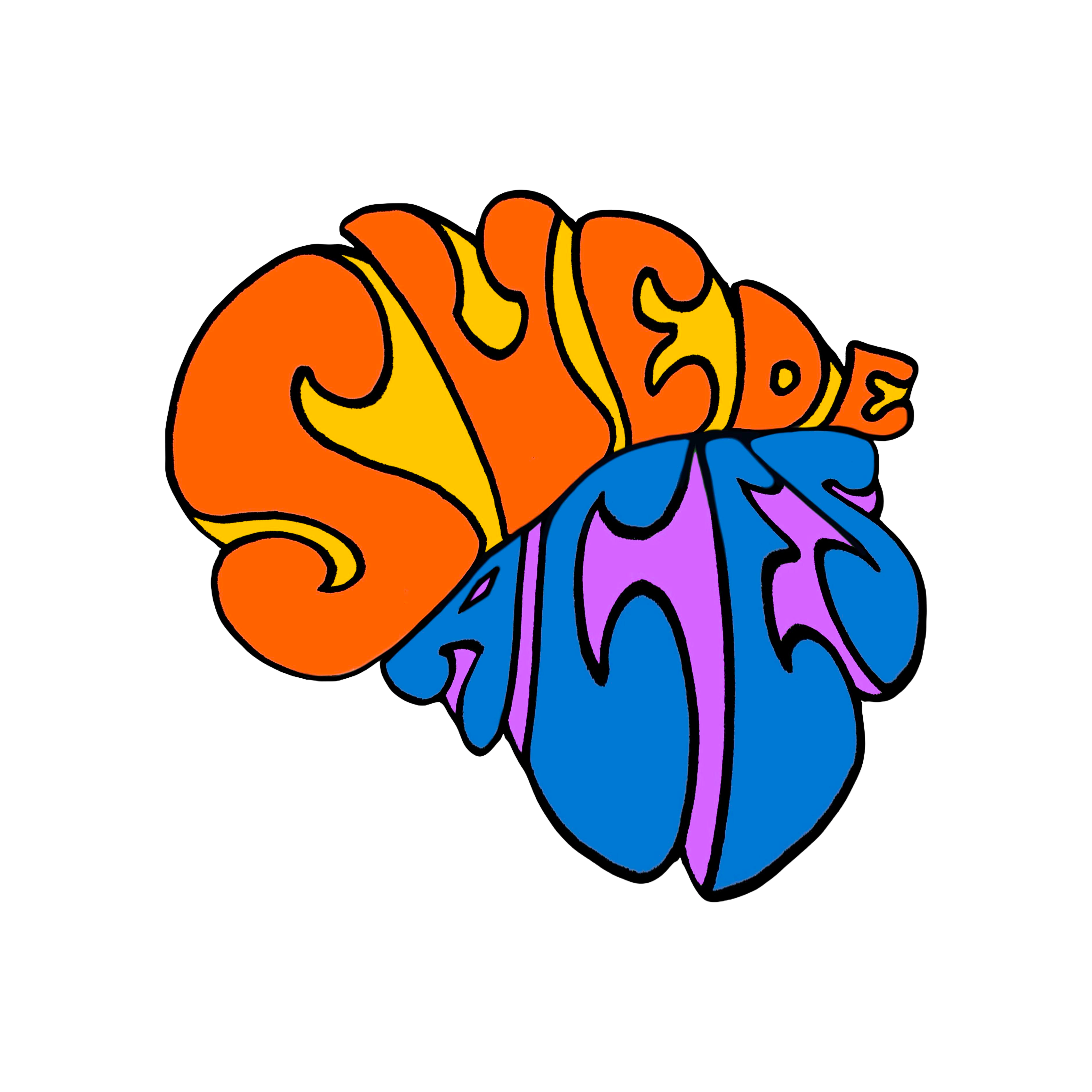 The same bubble-lettered Suede Aces logo recoloured on white, in orange, gold, blue and purple across the individual letterforms